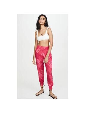 MIKOH Kahuku Ruched Smocked Waist Pants Luau Lei Tropical Red Pink XS